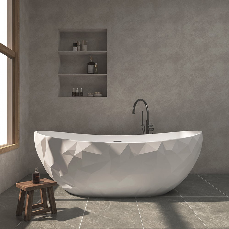 HMR - 64" Modern Oval Diamond-Cut Freestanding Soaking Bathtub White 95.1-Gallon Capacity