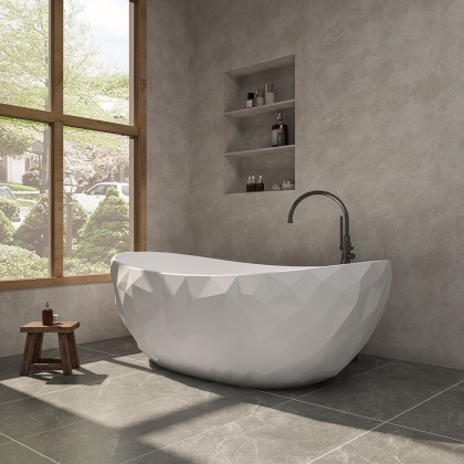 HMR - 64" Modern Oval Diamond-Cut Freestanding Soaking Bathtub White 95.1-Gallon Capacity