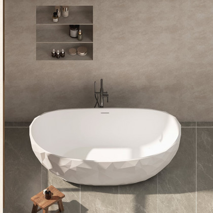 HMR - 64" Modern Oval Diamond-Cut Freestanding Soaking Bathtub White 95.1-Gallon Capacity