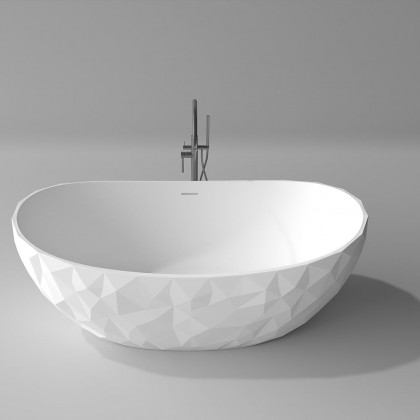 HMR - 64" Modern Oval Diamond-Cut Freestanding Soaking Bathtub White 95.1-Gallon Capacity