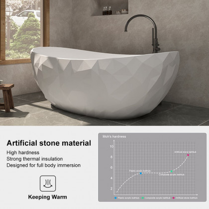 HMR - 64" Modern Oval Diamond-Cut Freestanding Soaking Bathtub White 95.1-Gallon Capacity