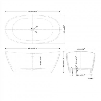 HMR - 64" Modern Oval Diamond-Cut Freestanding Soaking Bathtub White 95.1-Gallon Capacity