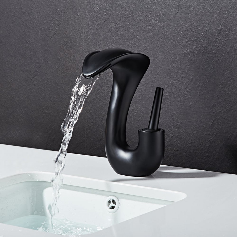 HMR - Modern Elegant Waterfall Bathroom Sink Faucet Single Handle Solid Brass in Black
