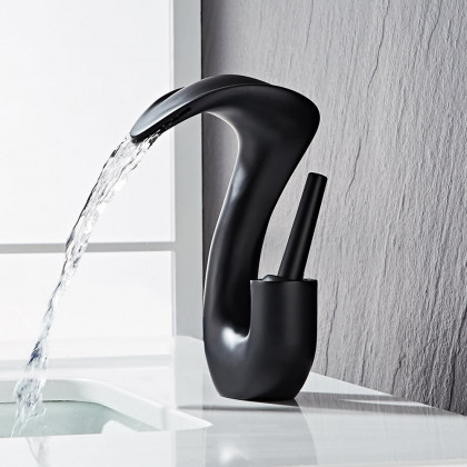 HMR - Modern Elegant Waterfall Bathroom Sink Faucet Single Handle Solid Brass in Black