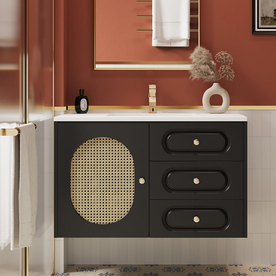 HMR - 31" Black Floating Bathroom Vanity Set Undermount Ceramic Sink with Rattan Door Cabinet