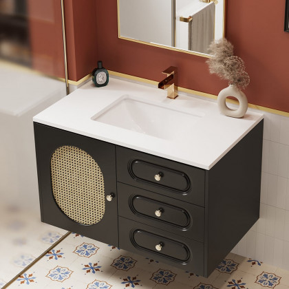 HMR - 31" Black Floating Bathroom Vanity Set Undermount Ceramic Sink with Rattan Door Cabinet