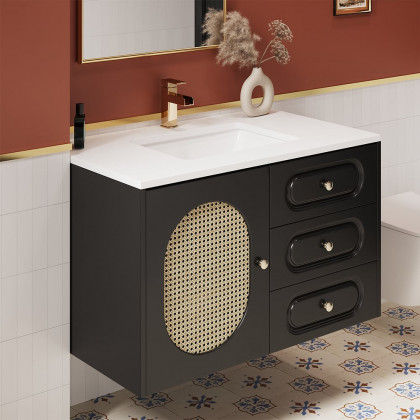 HMR - 31" Black Floating Bathroom Vanity Set Undermount Ceramic Sink with Rattan Door Cabinet