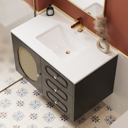 HMR - 31" Black Floating Bathroom Vanity Set Undermount Ceramic Sink with Rattan Door Cabinet
