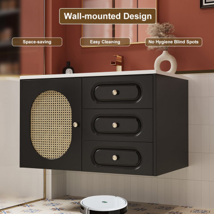 HMR - 31" Black Floating Bathroom Vanity Set Undermount Ceramic Sink with Rattan Door Cabinet