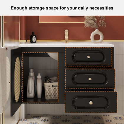 HMR - 31" Black Floating Bathroom Vanity Set Undermount Ceramic Sink with Rattan Door Cabinet