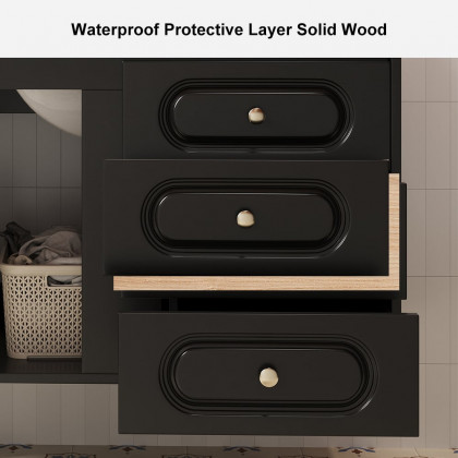HMR - 31" Black Floating Bathroom Vanity Set Undermount Ceramic Sink with Rattan Door Cabinet
