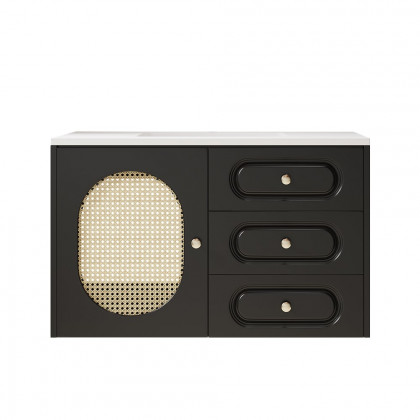 HMR - 31" Black Floating Bathroom Vanity Set Undermount Ceramic Sink with Rattan Door Cabinet
