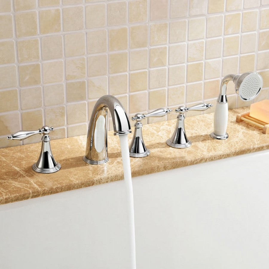 HMR - Deck Mounted Roman Bathtub Faucet with Handshower Solid Brass