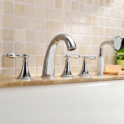 HMR - Deck Mounted Roman Bathtub Faucet with Handshower Solid Brass