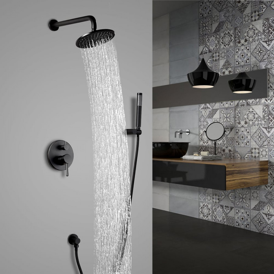 HMR - Modern 12" Black Wall Mounted Rain Shower System with Rainfall Shower Head Solid Brass