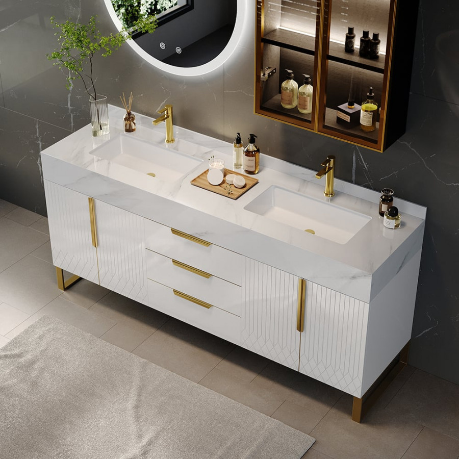 HMR Aro Freestanding Single Sink Bathroom Vanity Drawers Doors Faux Marble Top - White & Gold, Freestanding, Double