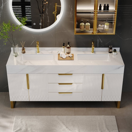 HMR Aro Freestanding Single Sink Bathroom Vanity Drawers Doors Faux Marble Top - White & Gold, Freestanding, Double