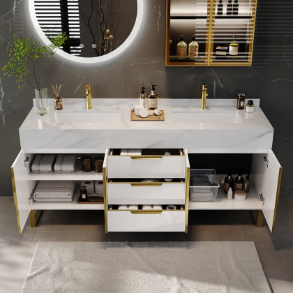 HMR Aro Freestanding Single Sink Bathroom Vanity Drawers Doors Faux Marble Top - White & Gold, Freestanding, Double