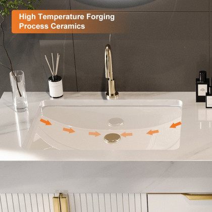 HMR Aro Freestanding Single Sink Bathroom Vanity Drawers Doors Faux Marble Top - White & Gold, Freestanding, Double