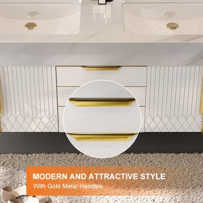HMR Aro Freestanding Single Sink Bathroom Vanity Drawers Doors Faux Marble Top - White & Gold, Freestanding, Double