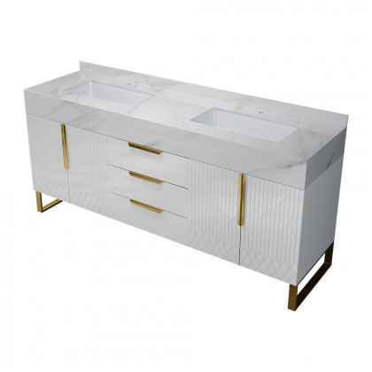 HMR Aro Freestanding Single Sink Bathroom Vanity Drawers Doors Faux Marble Top - White & Gold, Freestanding, Double
