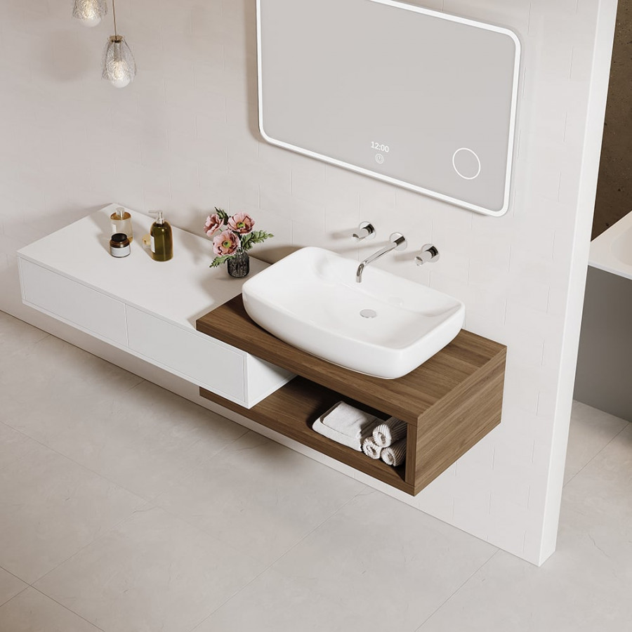 HMR - 41"-63" Extendable Floating Bathroom Vanity Set Wall Mounted Vanity in White & Walnut