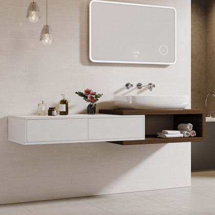 HMR - 41"-63" Extendable Floating Bathroom Vanity Set Wall Mounted Vanity in White & Walnut