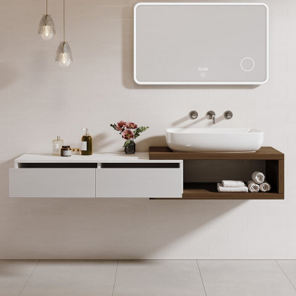 HMR - 41"-63" Extendable Floating Bathroom Vanity Set Wall Mounted Vanity in White & Walnut