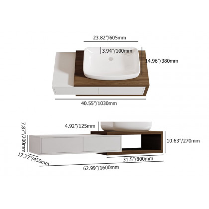 HMR - 41"-63" Extendable Floating Bathroom Vanity Set Wall Mounted Vanity in White & Walnut