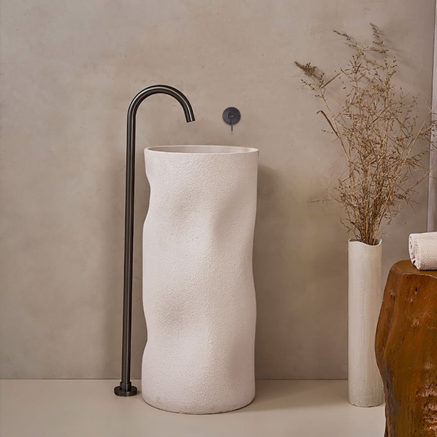 HMR - 34" Tall Japandi Stone Resin Freestanding Bathroom Sink Cylinder Pedestal Sink in Beige