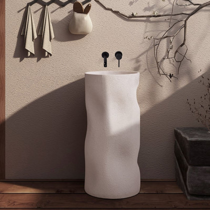 HMR - 34" Tall Japandi Stone Resin Freestanding Bathroom Sink Cylinder Pedestal Sink in Beige