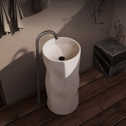 HMR - 34" Tall Japandi Stone Resin Freestanding Bathroom Sink Cylinder Pedestal Sink in Beige