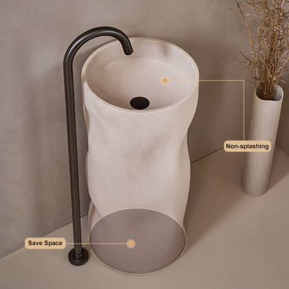 HMR - 34" Tall Japandi Stone Resin Freestanding Bathroom Sink Cylinder Pedestal Sink in Beige