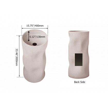 HMR - 34" Tall Japandi Stone Resin Freestanding Bathroom Sink Cylinder Pedestal Sink in Beige