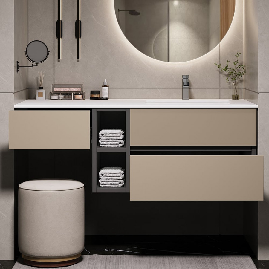 HMR - 40" Modern Floating Bathroom Vanity Set with Single Sink & a Makeup Countertop in Khaki