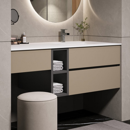 HMR - 40" Modern Floating Bathroom Vanity Set with Single Sink & a Makeup Countertop in Khaki