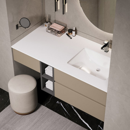 HMR - 40" Modern Floating Bathroom Vanity Set with Single Sink & a Makeup Countertop in Khaki