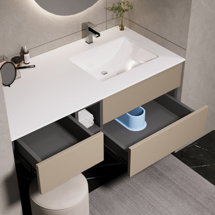 HMR - 40" Modern Floating Bathroom Vanity Set with Single Sink & a Makeup Countertop in Khaki