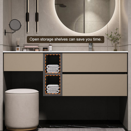 HMR - 40" Modern Floating Bathroom Vanity Set with Single Sink & a Makeup Countertop in Khaki