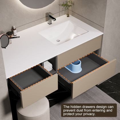HMR - 40" Modern Floating Bathroom Vanity Set with Single Sink & a Makeup Countertop in Khaki