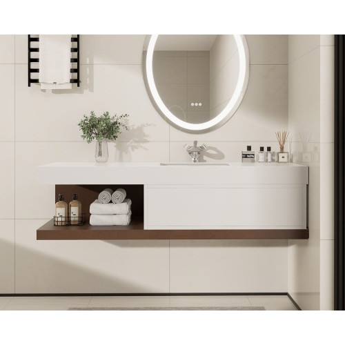 HMR 59" Modern Floating Bathroom Vanity Set with Sink - Walnut & White
