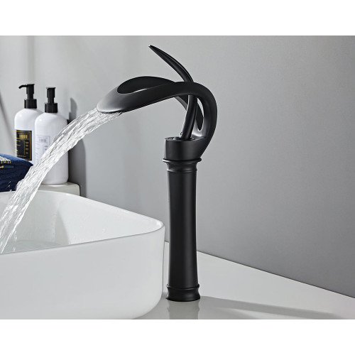 HMR Modern Elegant Waterfall Bathroom Vessel Sink Faucet Single Handle Solid Brass - Black