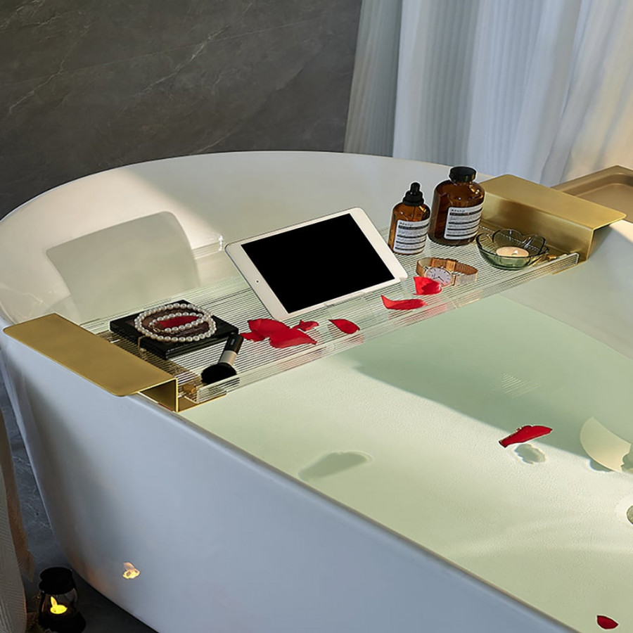 HMR - 24"-29" Acrylic & Aluminum Extendable Bathtub Tray in Clear & Gold Bathroom Caddy Shelf