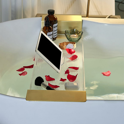 HMR - 24"-29" Acrylic & Aluminum Extendable Bathtub Tray in Clear & Gold Bathroom Caddy Shelf