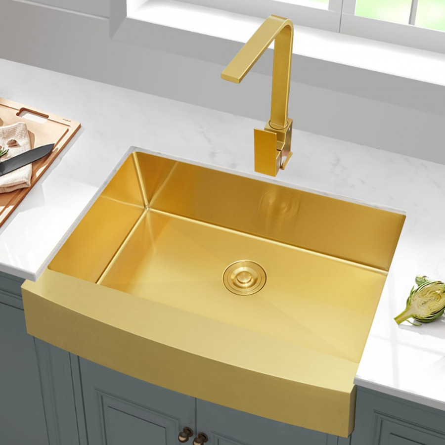 HMR - 30" Stainless Steel Farmhouse Apron-Front Kitchen Sink with Single Bowl in Gold