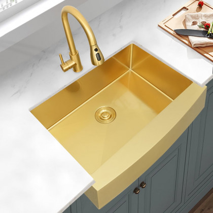 HMR - 30" Stainless Steel Farmhouse Apron-Front Kitchen Sink with Single Bowl in Gold