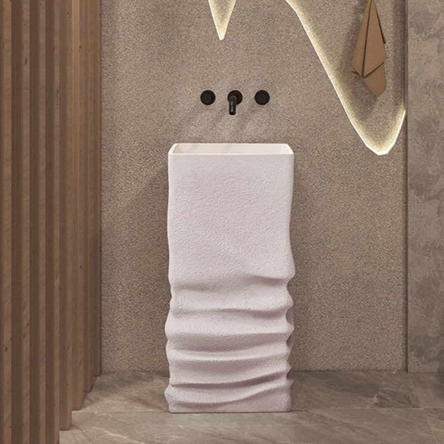 HMR - 34" Tall Japandi Stone Resin Freestanding Bathroom Sink Farmhouse Pedestal Sink in Beige