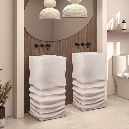 HMR - 34" Tall Japandi Stone Resin Freestanding Bathroom Sink Farmhouse Pedestal Sink in Beige