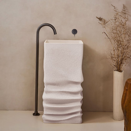 HMR - 34" Tall Japandi Stone Resin Freestanding Bathroom Sink Farmhouse Pedestal Sink in Beige