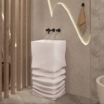 HMR - 34" Tall Japandi Stone Resin Freestanding Bathroom Sink Farmhouse Pedestal Sink in Beige